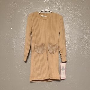 Rare Editions Tan Long Sleeve Sweater Dress with Heart Pockets NWT Size 5 RV $58